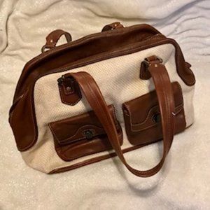 Beautiful Cole Haan leather and canvas hand bag in brown and eggshell